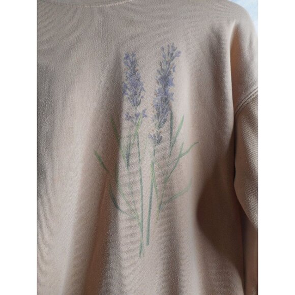 Crew neck sweatshirt Tan  blue floral embrace all that is you sleeve Sz s/m - Picture 2 of 5